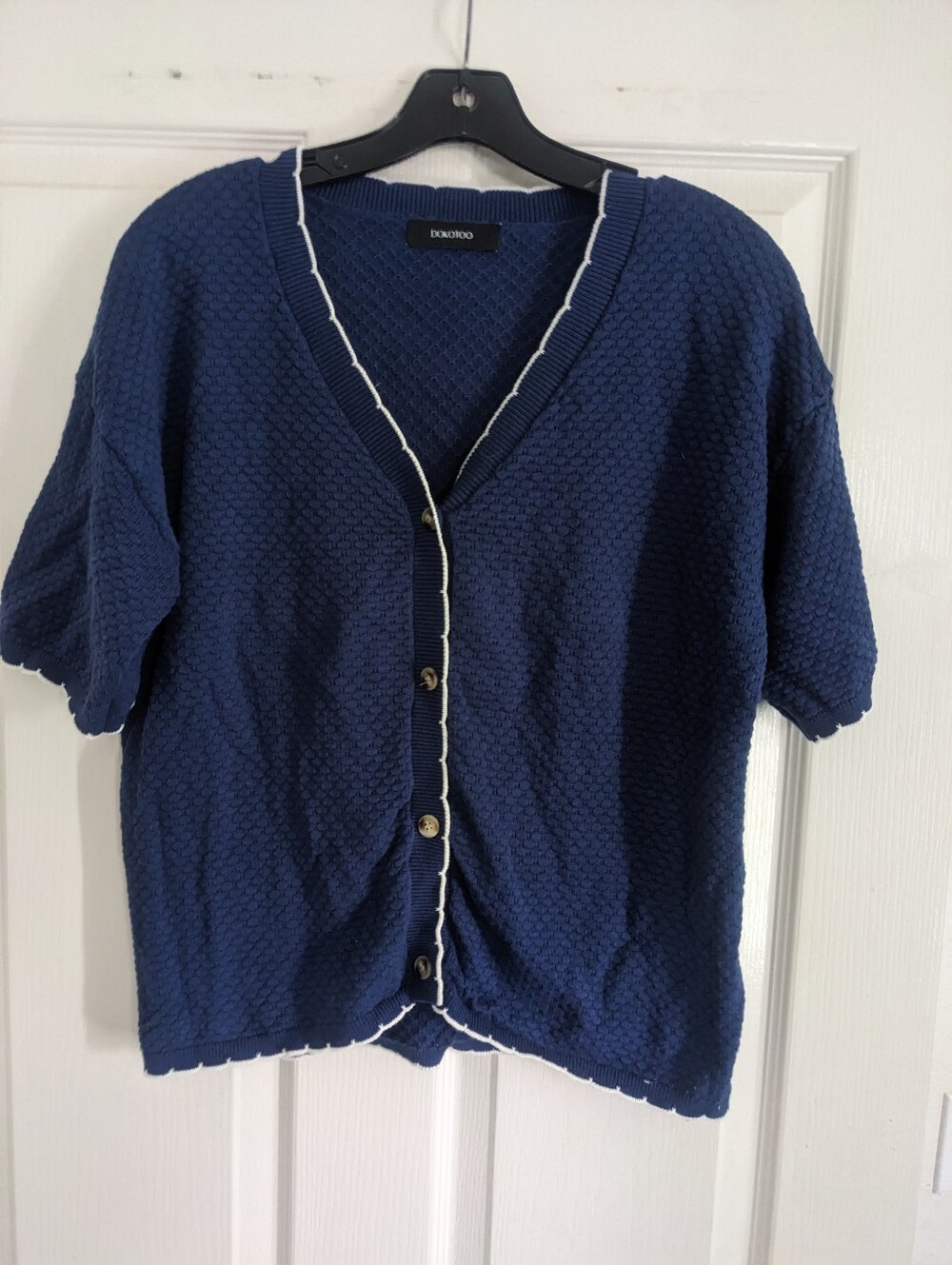 DOKOTOO Navy Short Sleeve Knit Cardigan with White Trim